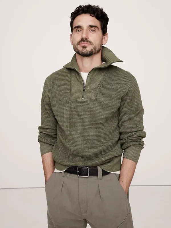 Cotton Waffle-Knit Half-Zip Sweater sold by Banana Republic