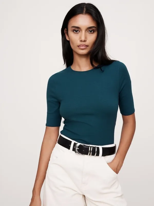 Ribbed Elbow-Sleeve T-Shirt sold by Banana Republic