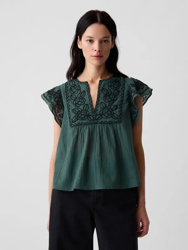 Crinkle Gauze Embroidered Cropped Shirt sold by GAP