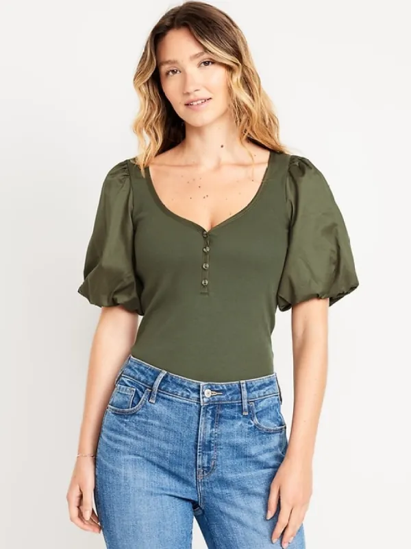 Puff-Sleeve Mixed Fabric Top sold by GAP