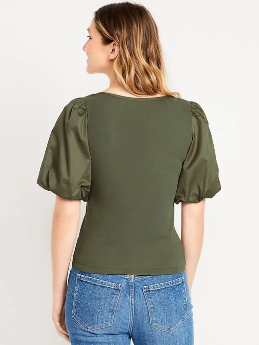 Puff-Sleeve Mixed Fabric Top sold by GAP product image thumbnail 2