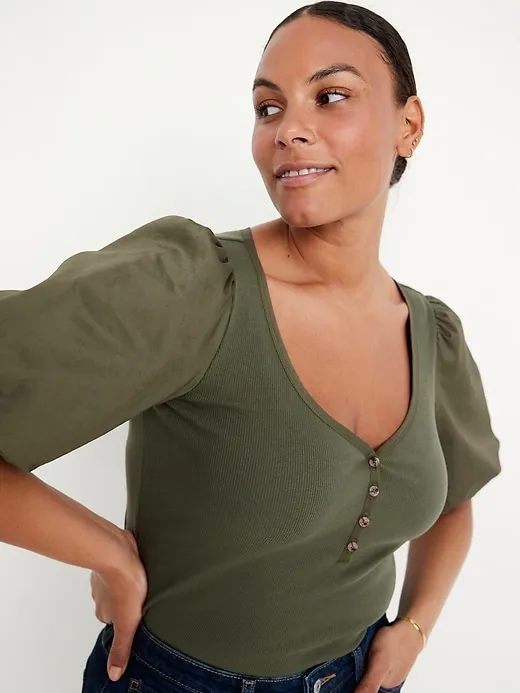 Puff-Sleeve Mixed Fabric Top sold by GAP product image thumbnail 3