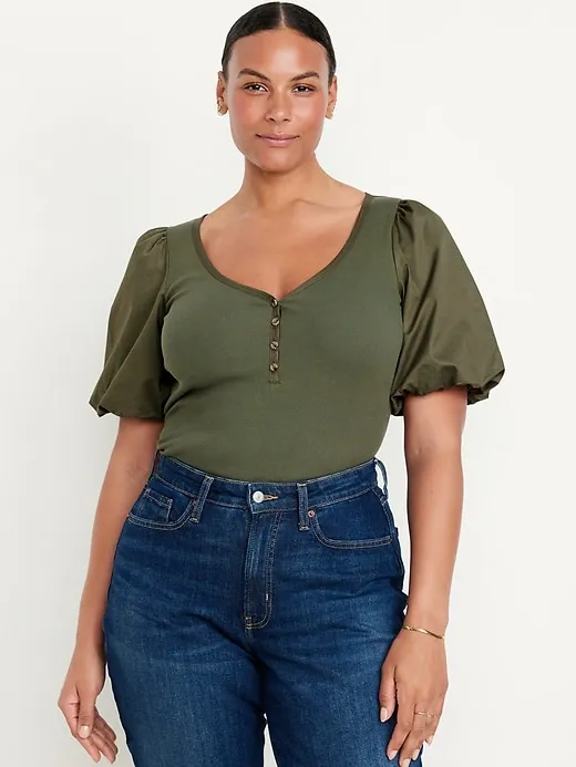 Puff-Sleeve Mixed Fabric Top sold by GAP product image thumbnail 5