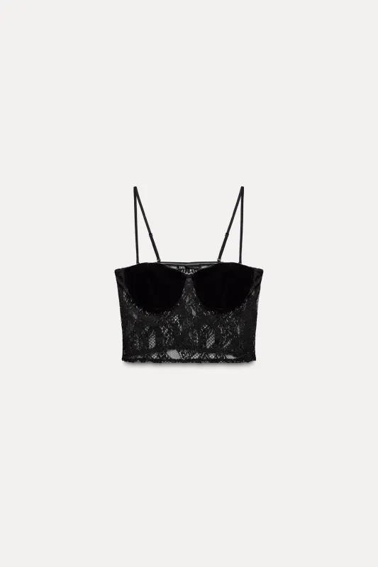 Zara - Velvet Lace Top In Black - M - Woman sold by Zara