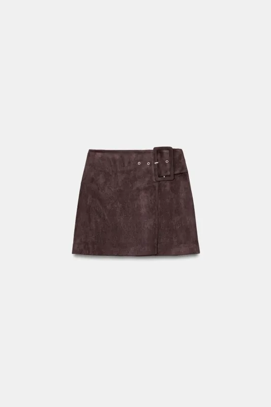 Zara - Faux Suede Buckle Mini Skirt - Chocolate Brown - Xs - Woman sold by Zara