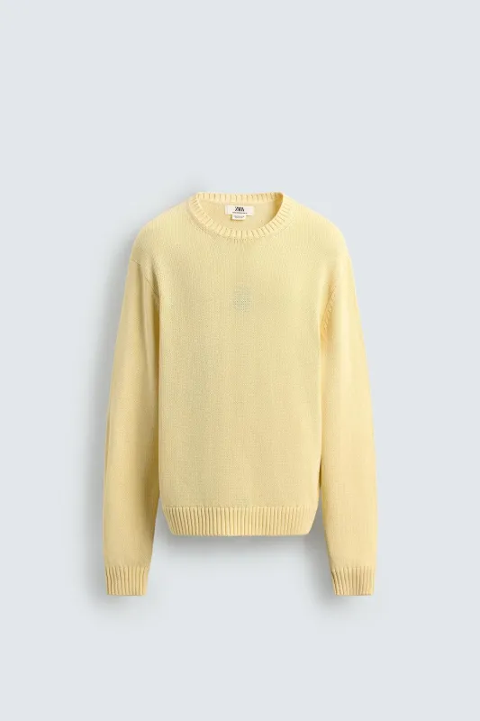 Zara - Cotton Textured Jumper - Yellow - Xl - Man made by Zara
