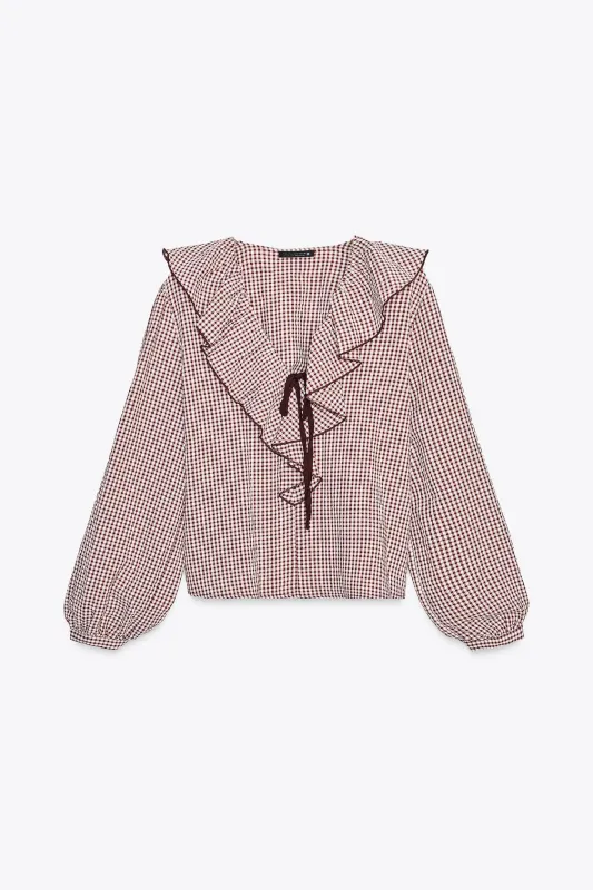 Zara - Plaid Ruffled Bow Blouse - Bordeaux / Ecru - L - Woman sold by Zara