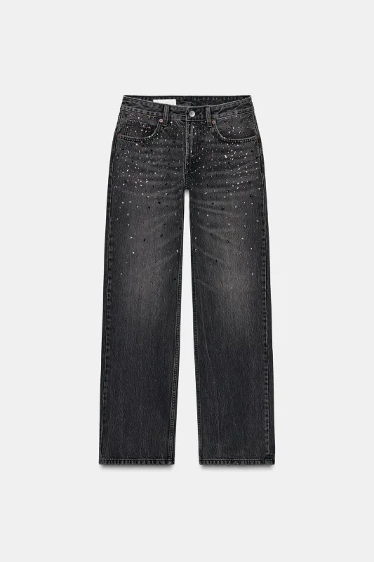 Zara - Trf Low Rise Rhinestone Straight Leg Jeans - Black - 28 (Us 6) - Woman made by Zara