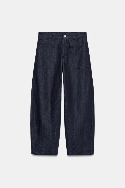 Zara - Zw Collection Barrel Pocket Denim Pants - Blue - L - Woman made by Zara