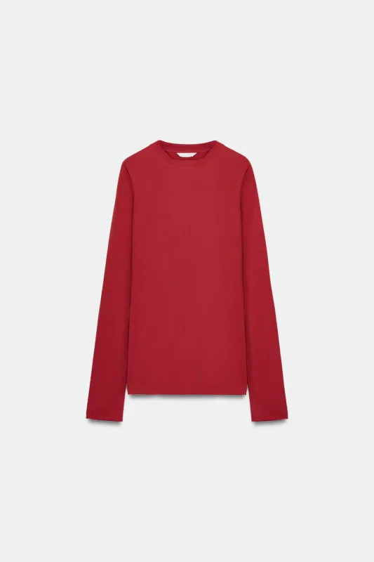 Zara - Cotton Long Sleeve T-Shirt - Dark Red - L - Woman made by Zara