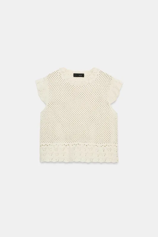 Zara - Open-Knit Top - Ecru - S - Woman made by Zara
