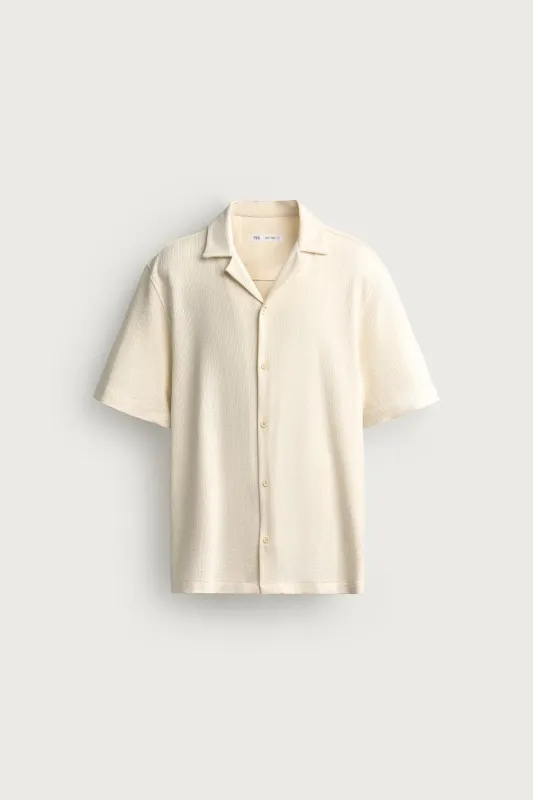 Zara - Textured Weave Shirt - Ecru / Blue - M - Man made by Zara