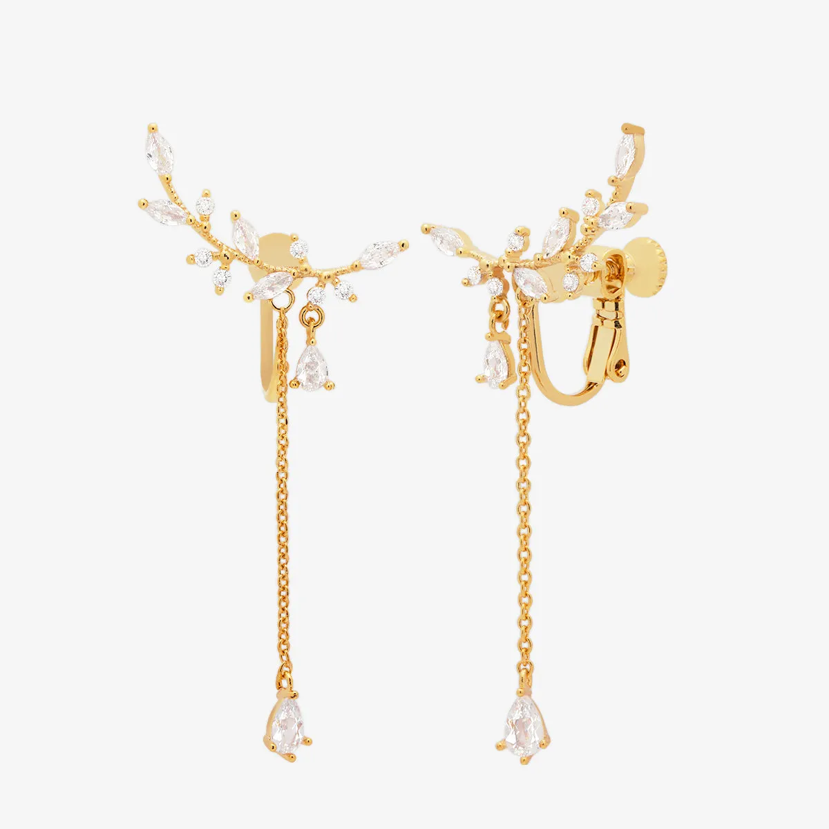 Cubic Leaf Drop Clip On Earrings sold by NABI LONDON