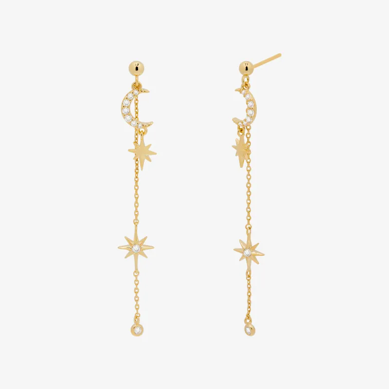 Cubic Moon Drop Chain Earrings sold by NABI LONDON