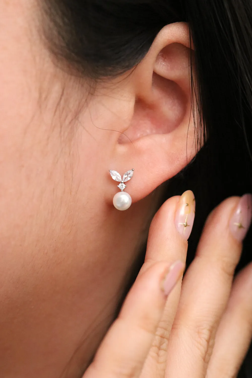 Cubic Leaf Pearl Drop Earrings sold by NABI LONDON product image thumbnail 3