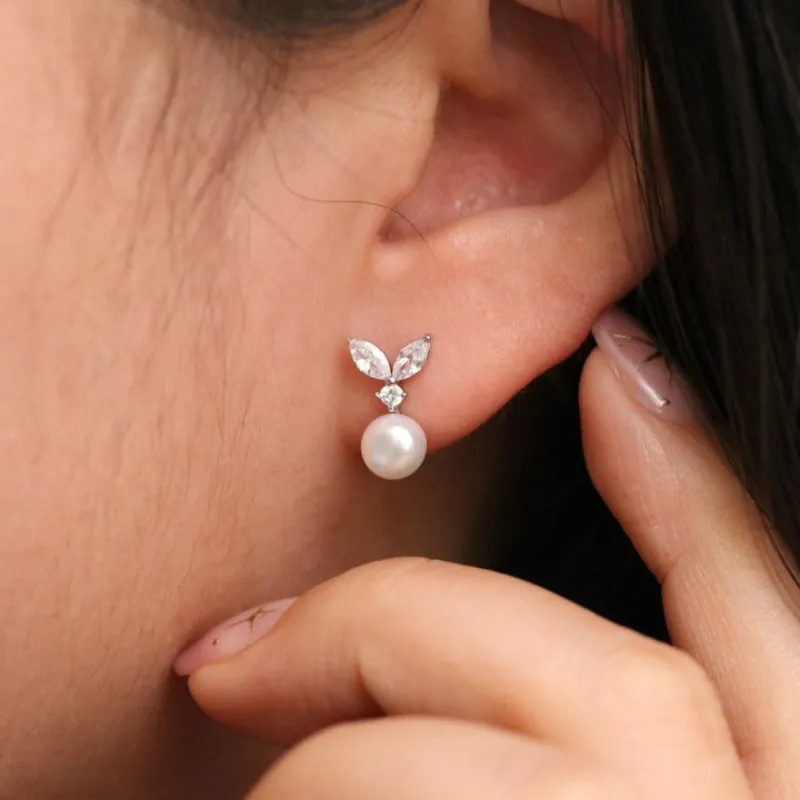 Cubic Leaf Pearl Drop Earrings made by NABI LONDON