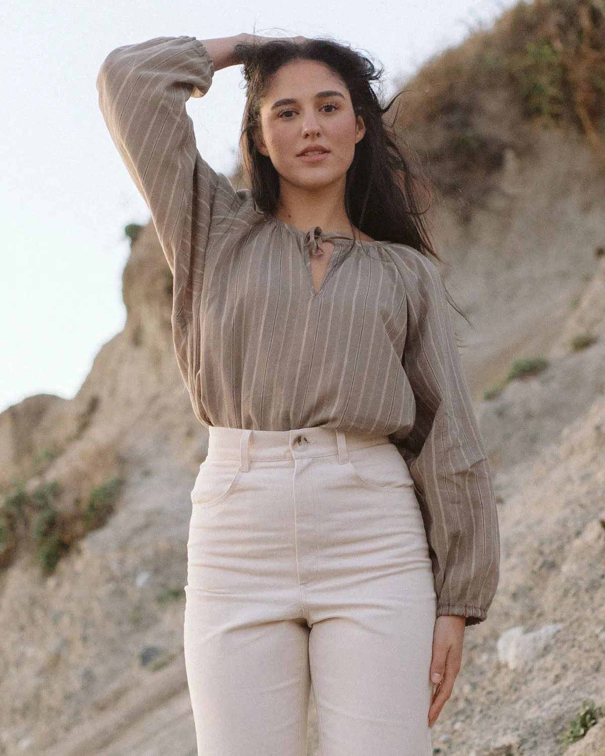 Blossom Blouse | Taupe Stripe sold by Harly Jae
