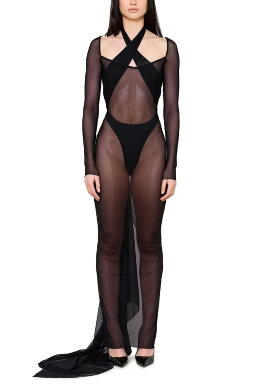 Sheer Mesh Scoop Neck Gown with Asymmetrical Train sold by LaQuon Smith