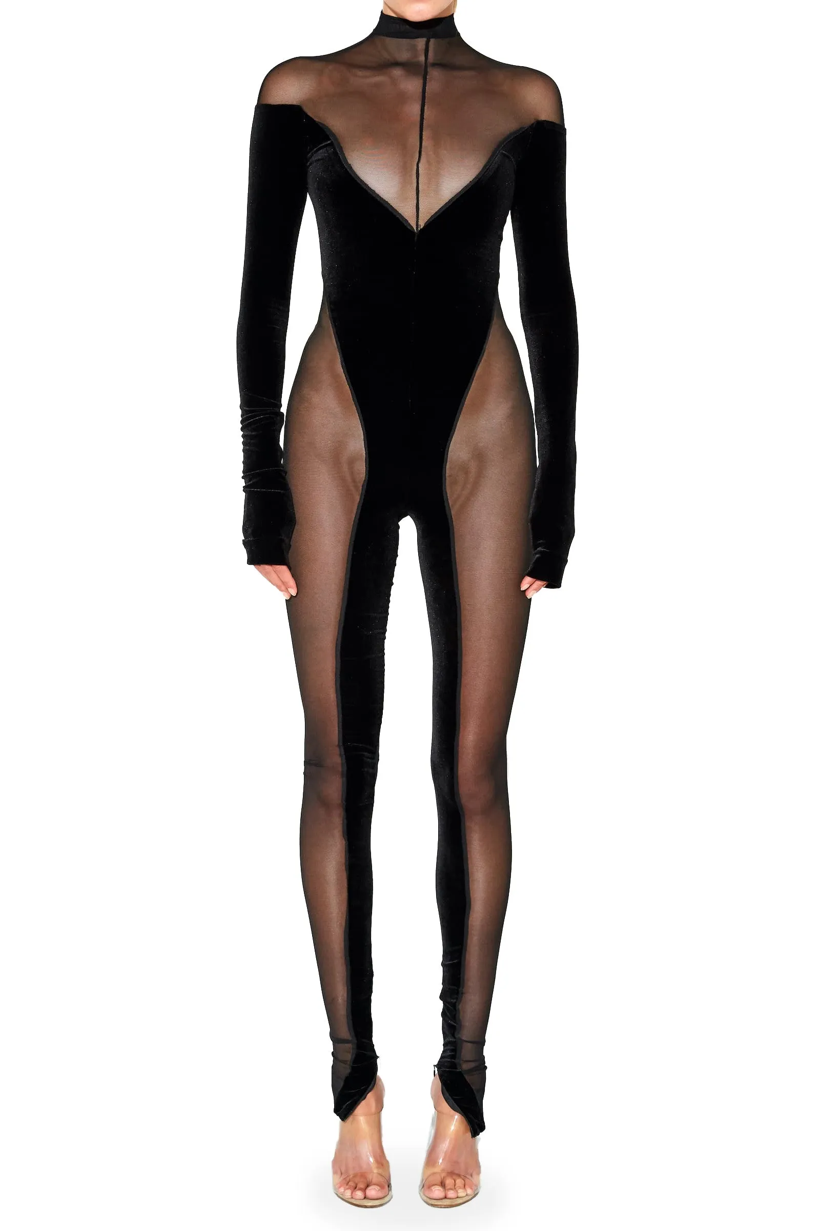 Off the Shoulder Sheer and Velvet Catsuit sold by LaQuon Smith