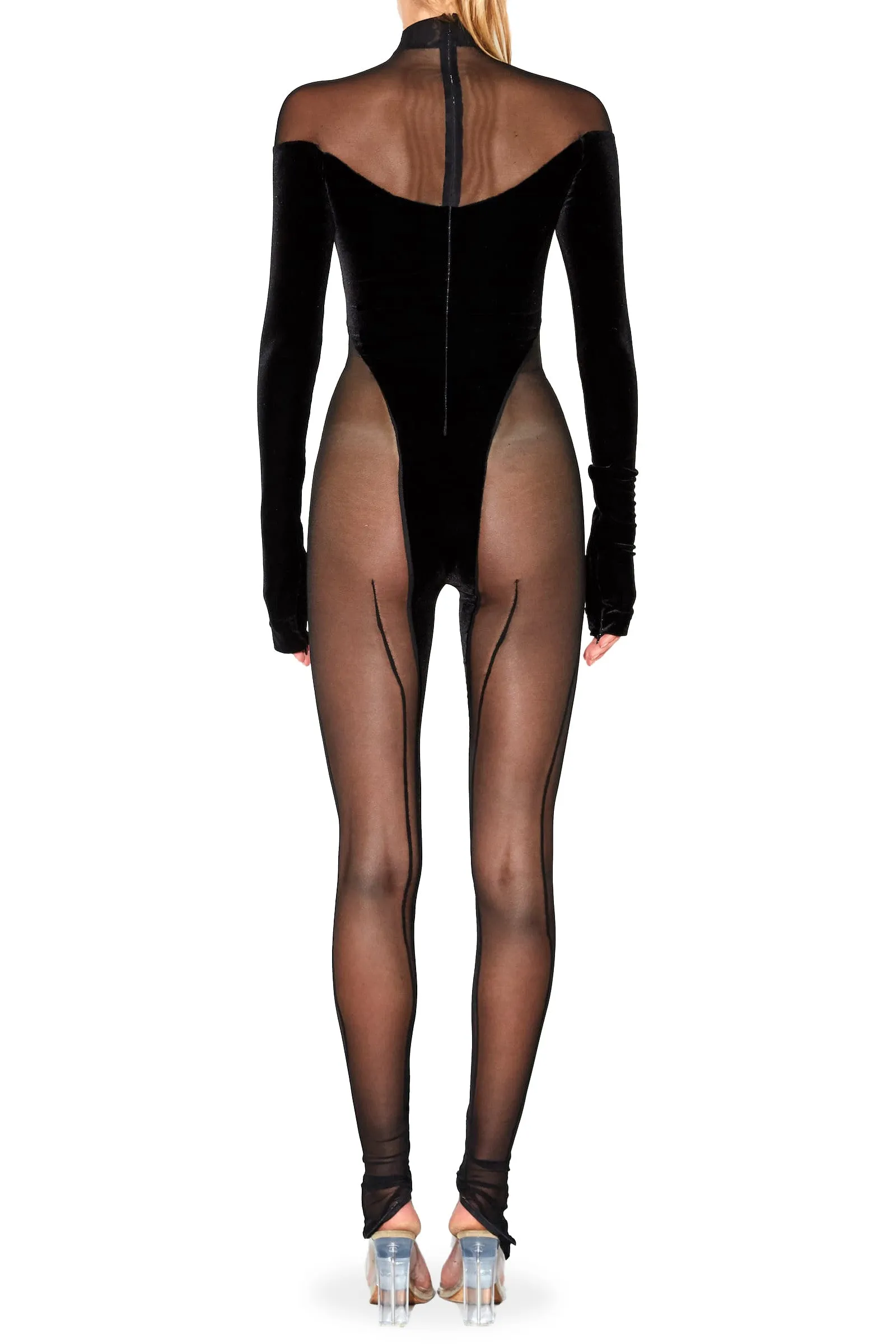 Off the Shoulder Sheer and Velvet Catsuit sold by LaQuon Smith product image thumbnail 2