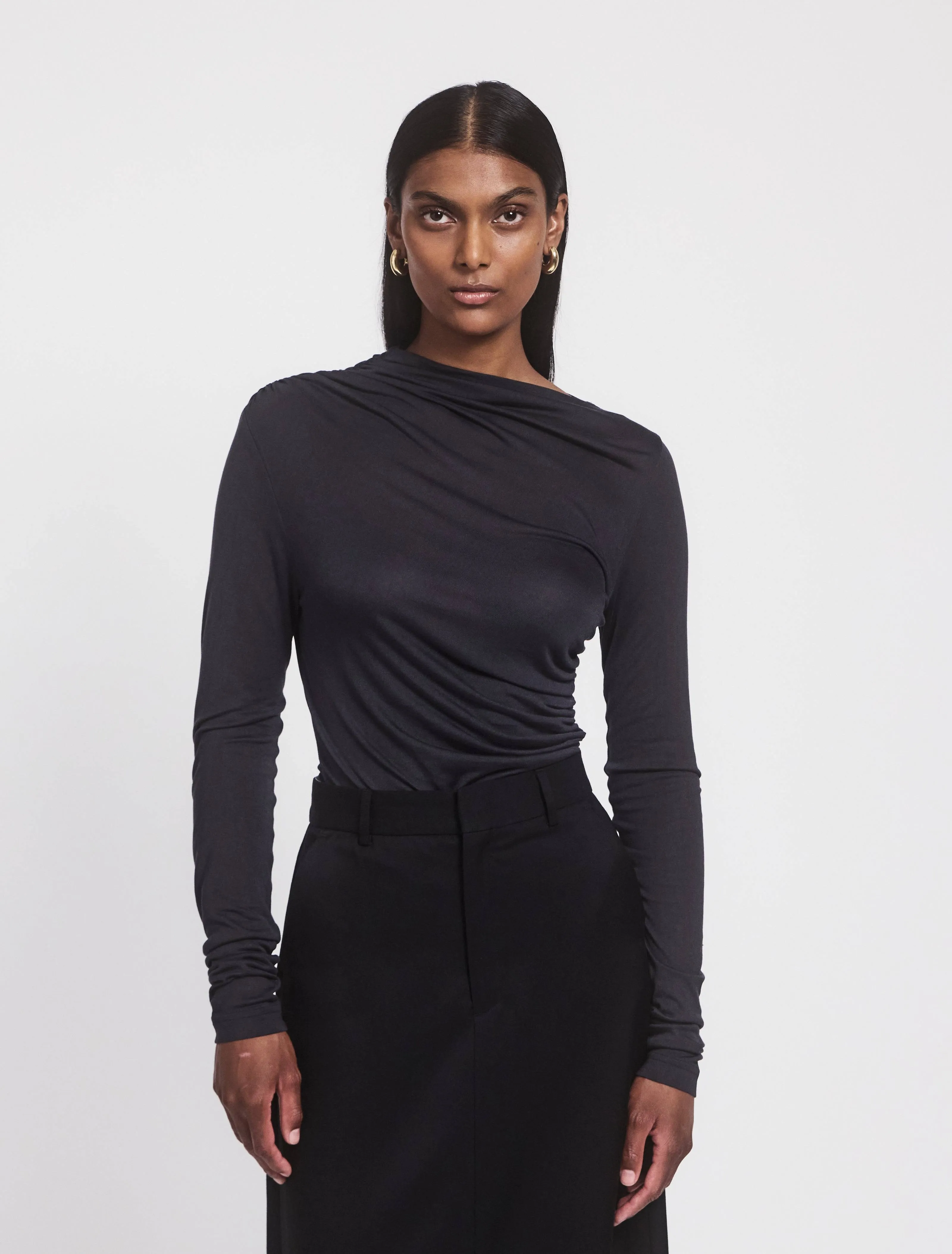 Iphis Draped Long Sleeve Top in Navy sold by Ninety Percent