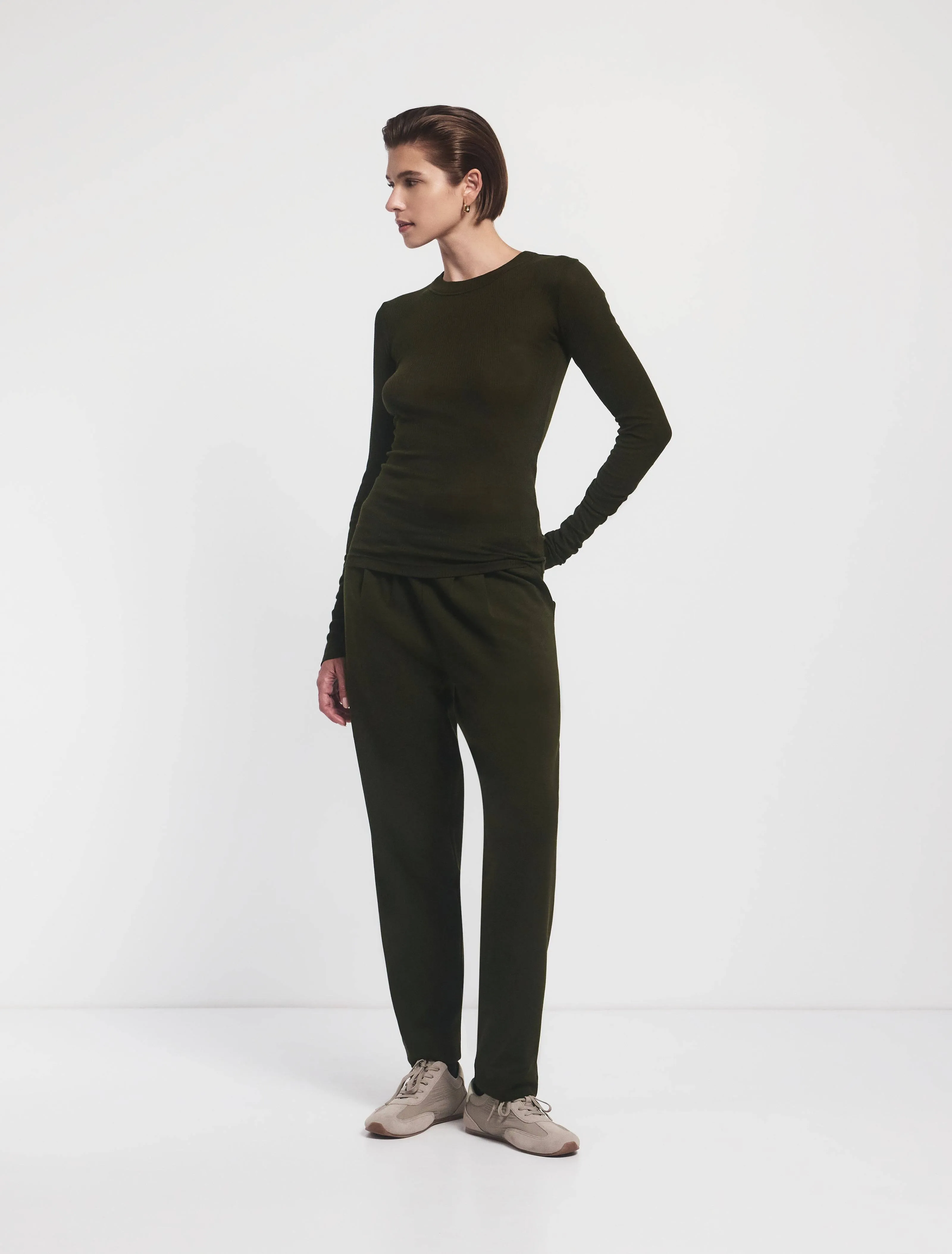 Flax Jersey Travel Pant in Dark Olive sold by Ninety Percent