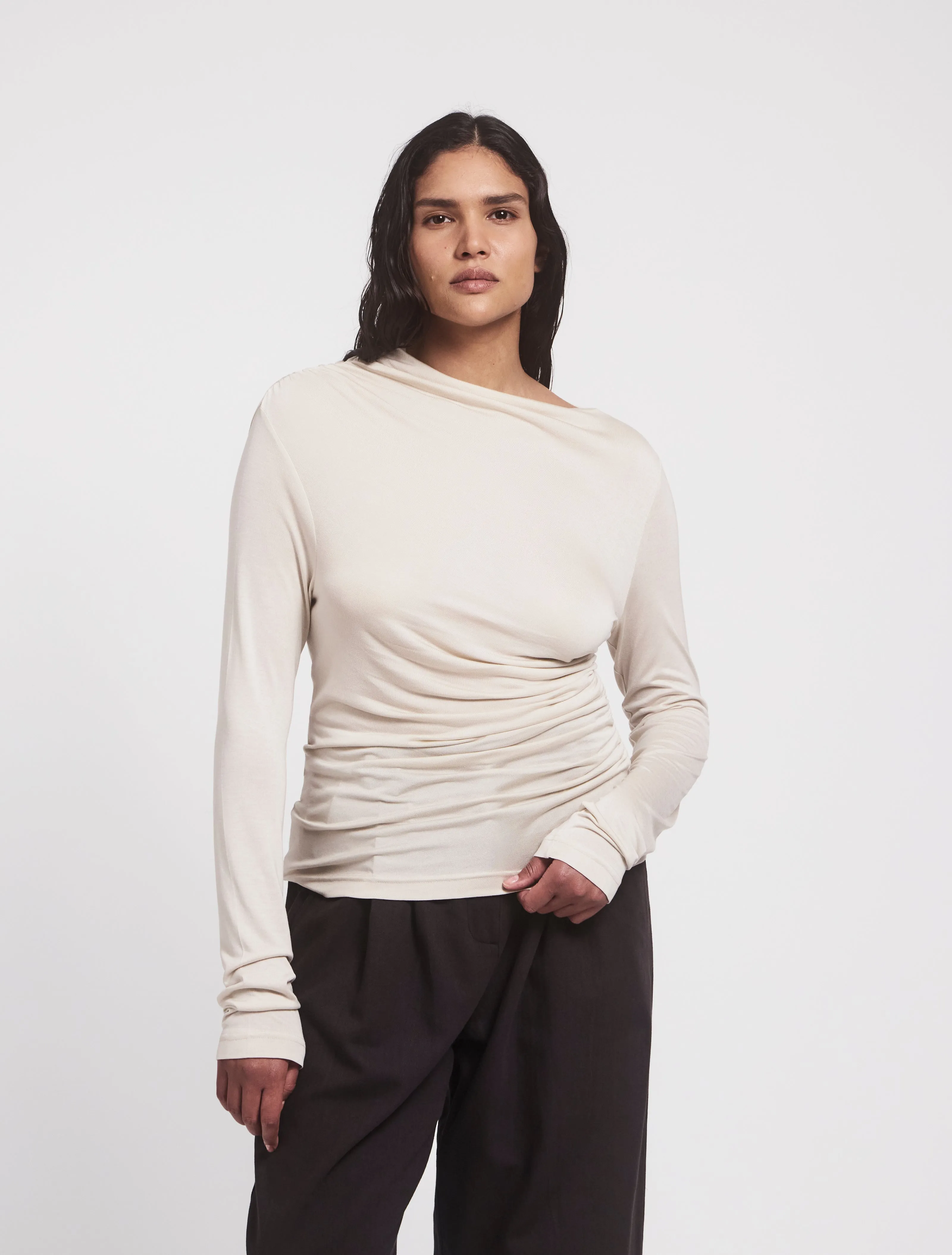 Iphis Draped Long Sleeve Top in Enoki Mushroom sold by Ninety Percent product image thumbnail 4