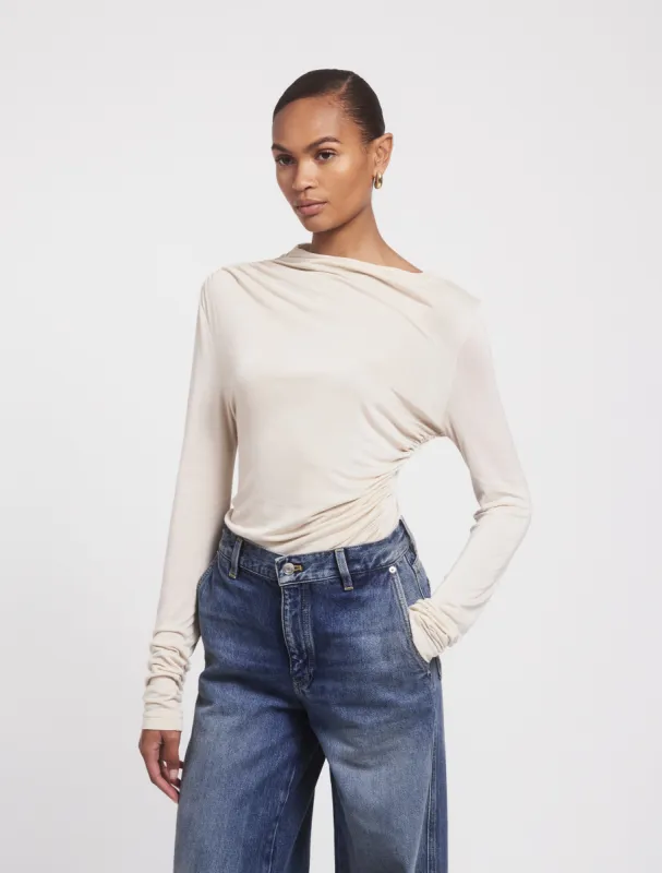 Iphis Draped Long Sleeve Top in Enoki Mushroom sold by Ninety Percent