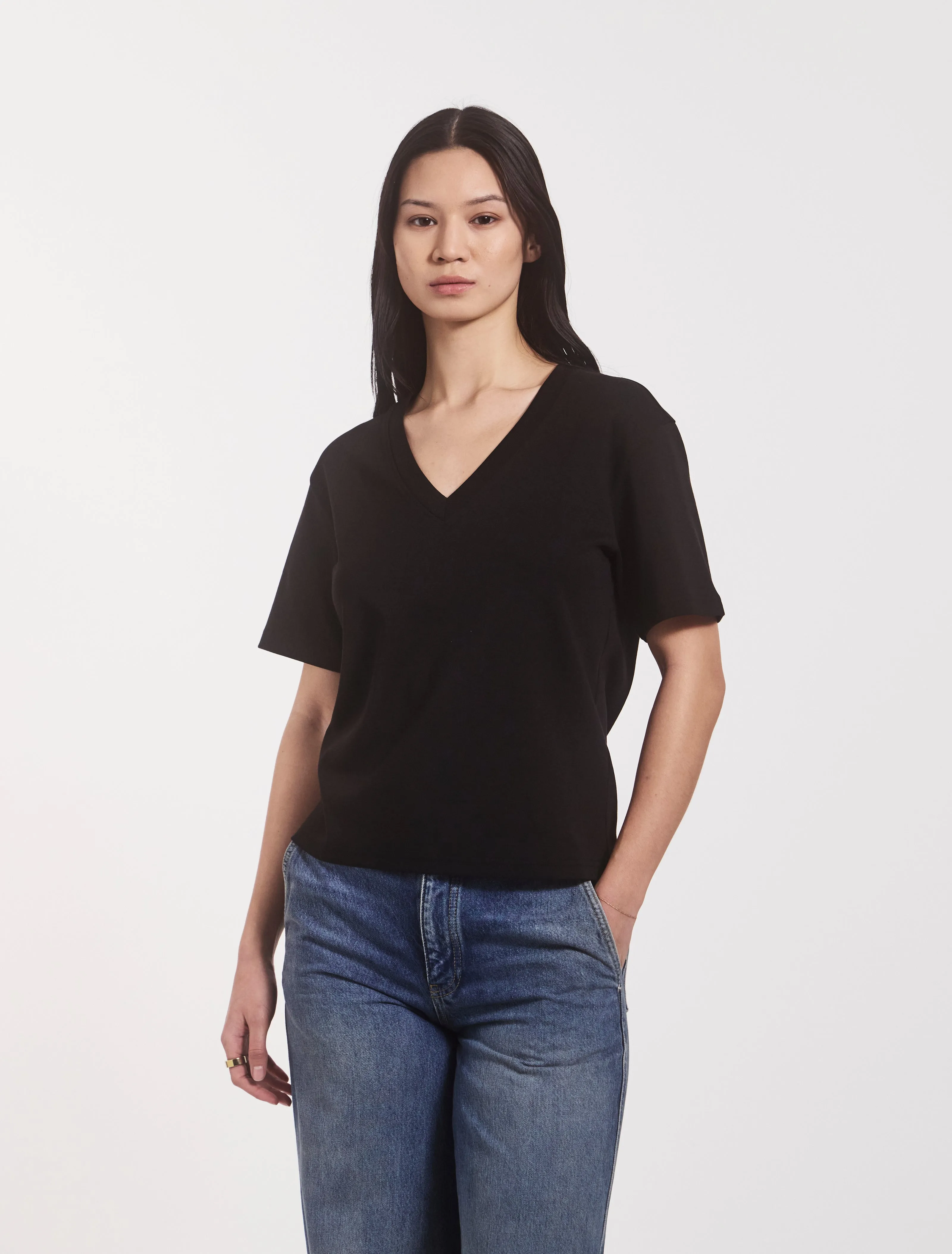 Compact Cotton V Neck T-shirt in Black sold by Ninety Percent