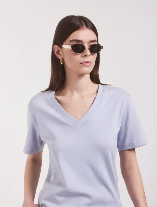 Signature V Neck T-shirt in Sky sold by Ninety Percent