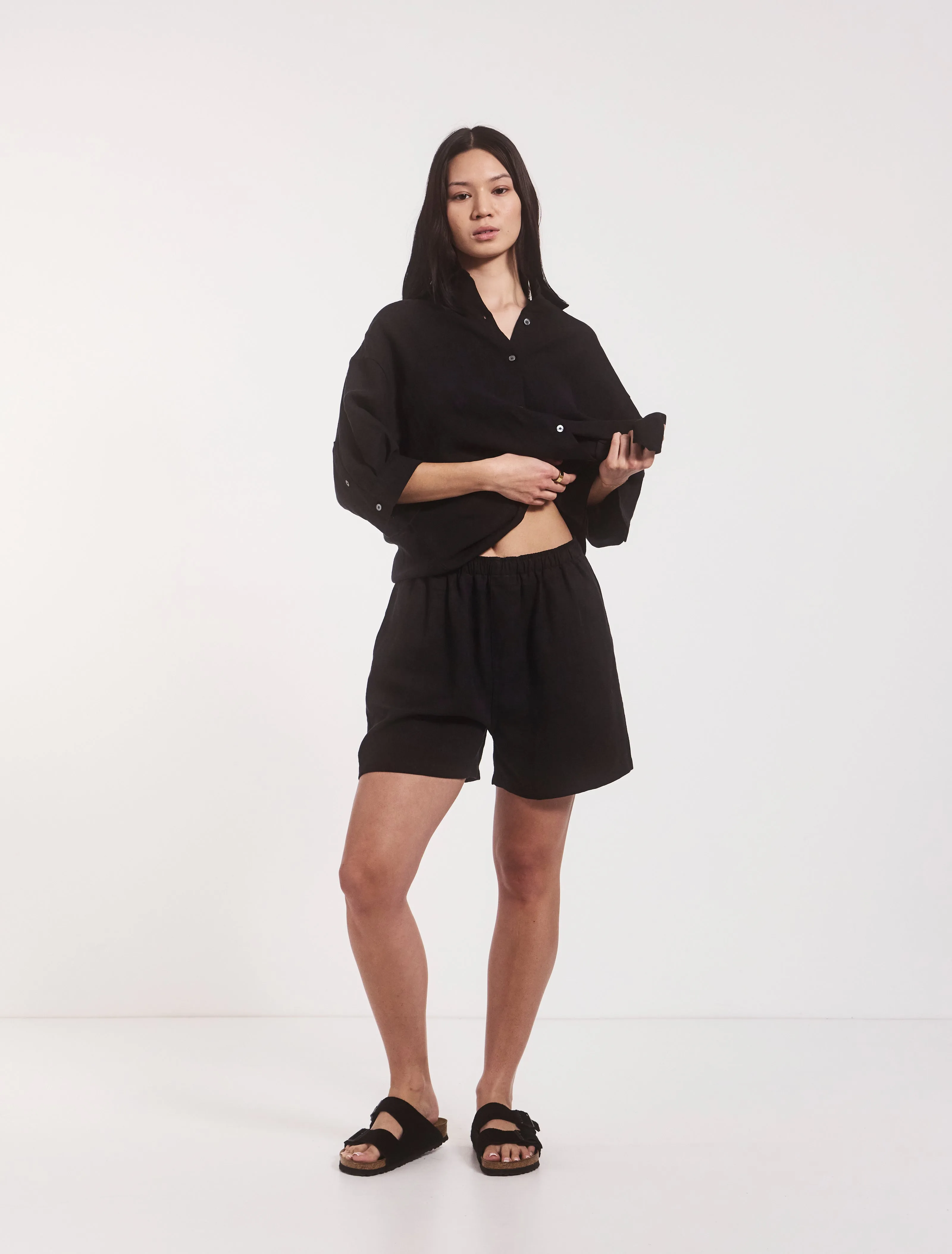 Louella Linen Shorts In Black sold by Ninety Percent
