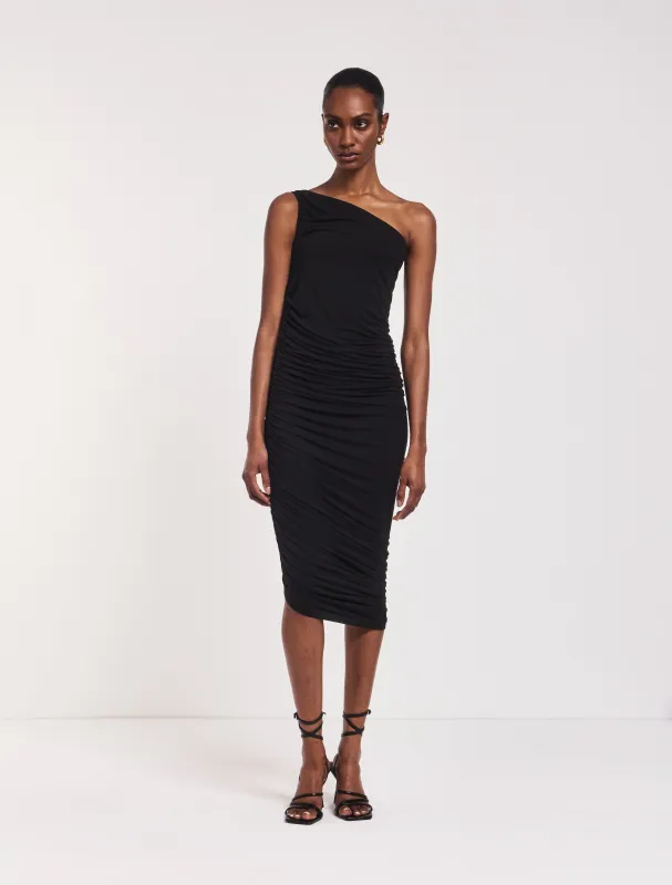 Aisha Ruched Midi Dress in Black sold by Ninety Percent