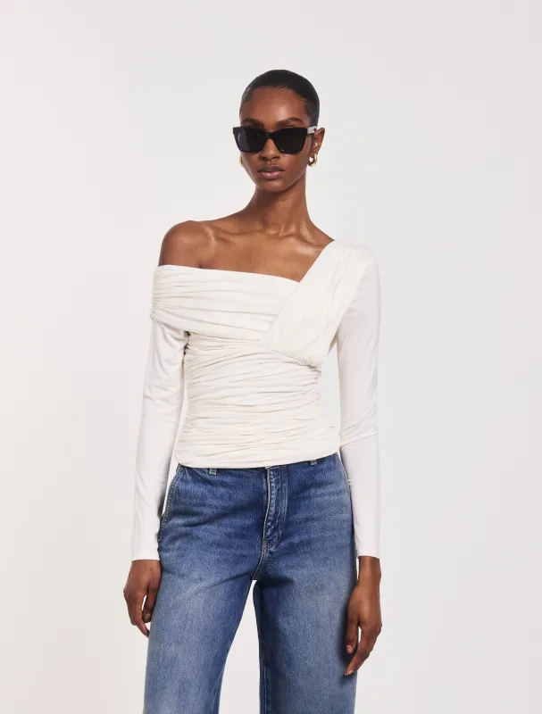 Corey Ruched Long Sleeve Top in Off White sold by Ninety Percent