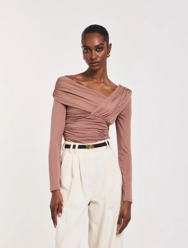 Corey Ruched Long Sleeve Top in Sandalwood sold by Ninety Percent