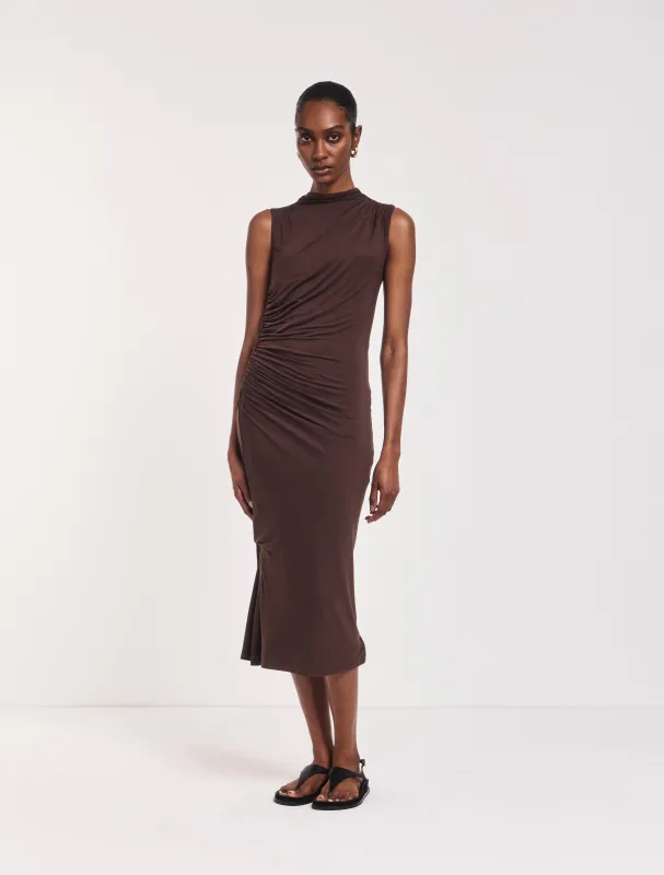 Lana Draped Midi Dress in Bracken sold by Ninety Percent