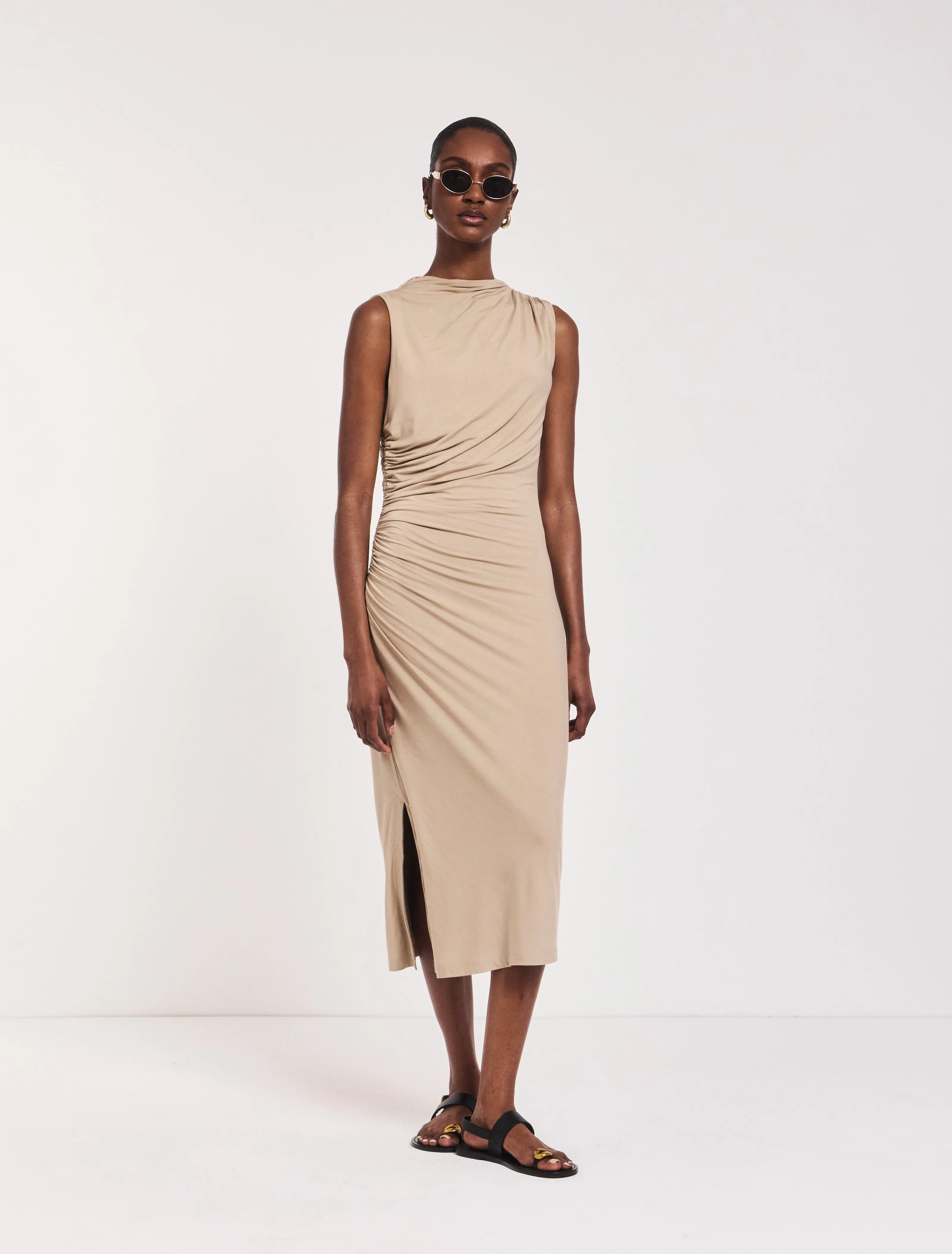 Lana Draped Midi Dress in Taupe sold by Ninety Percent product image thumbnail 2