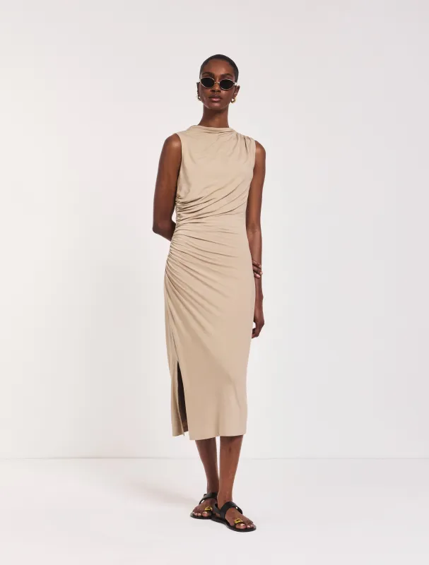 Lana Draped Midi Dress in Taupe sold by Ninety Percent