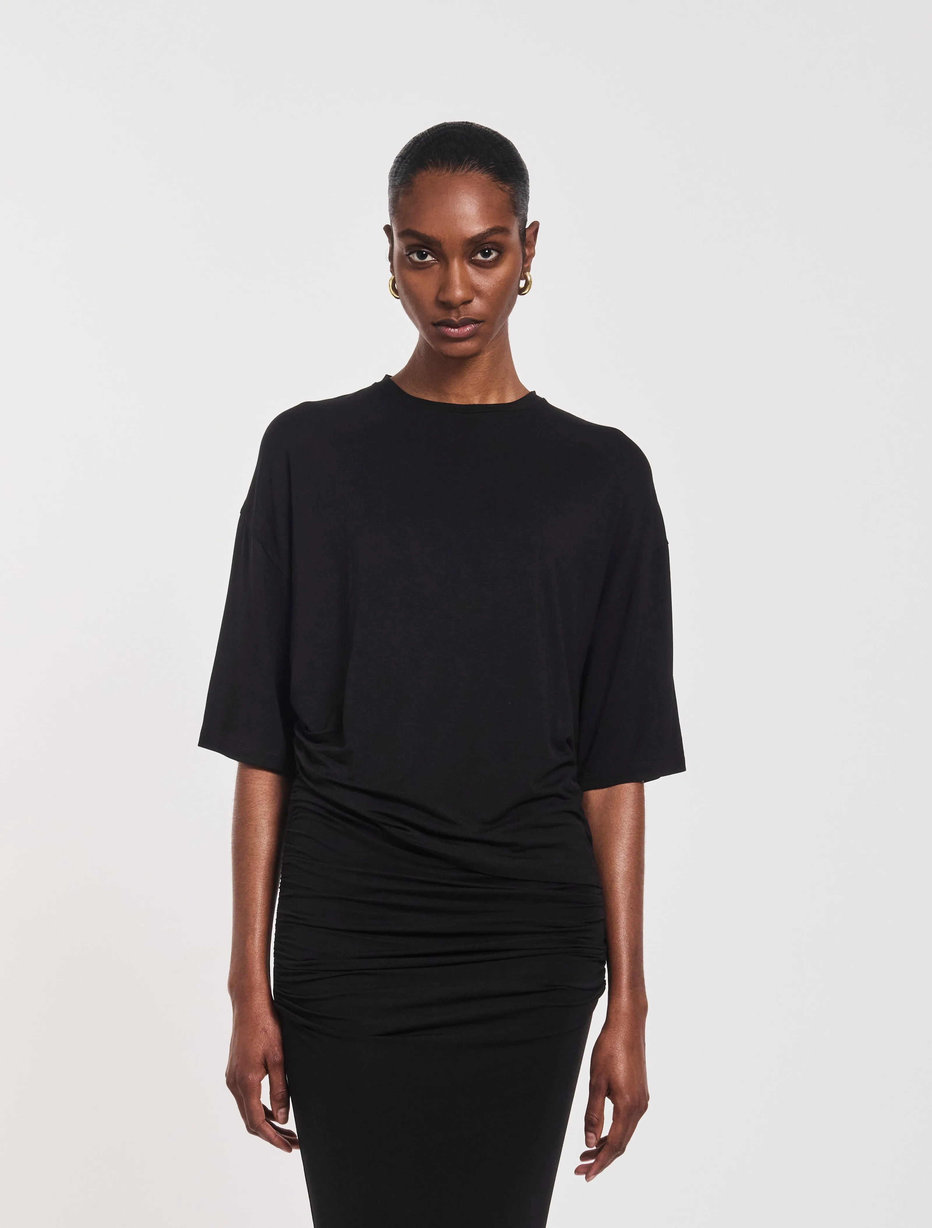 Aria Ruched Tee in Black sold by Ninety Percent