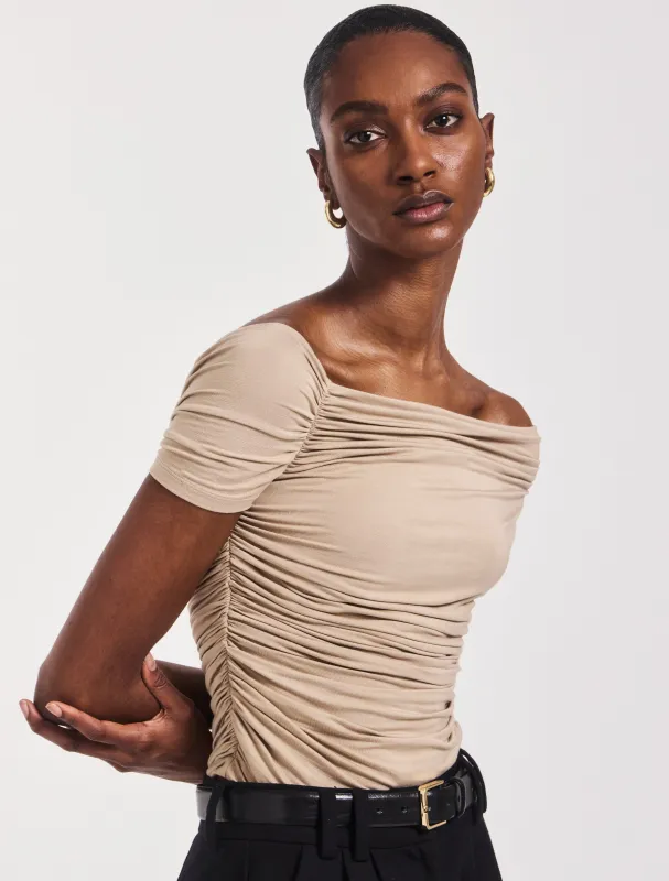 Katie Ruched Top In Taupe sold by Ninety Percent