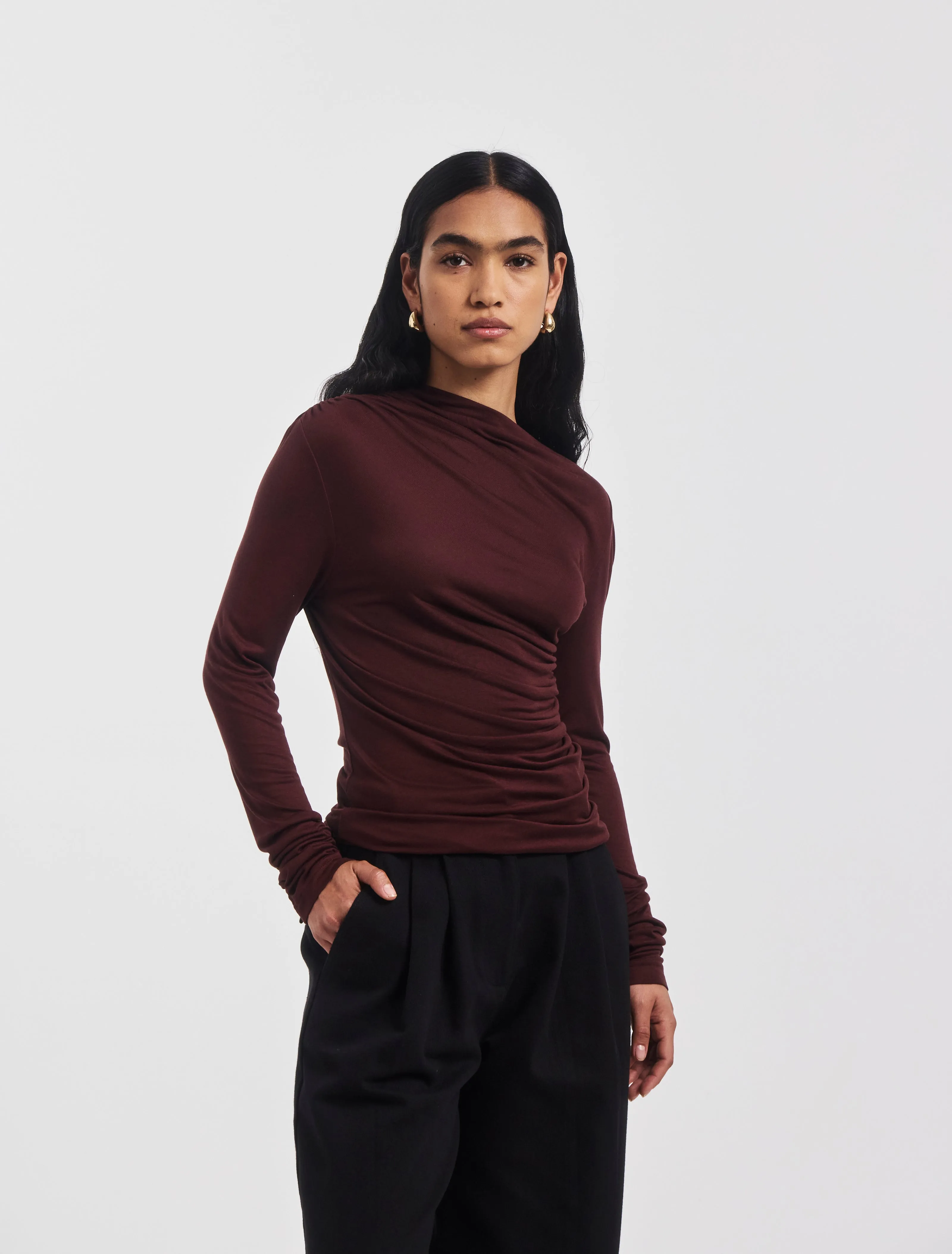 Iphis Draped Long Sleeve Top in Bordeaux sold by Ninety Percent product image thumbnail 2