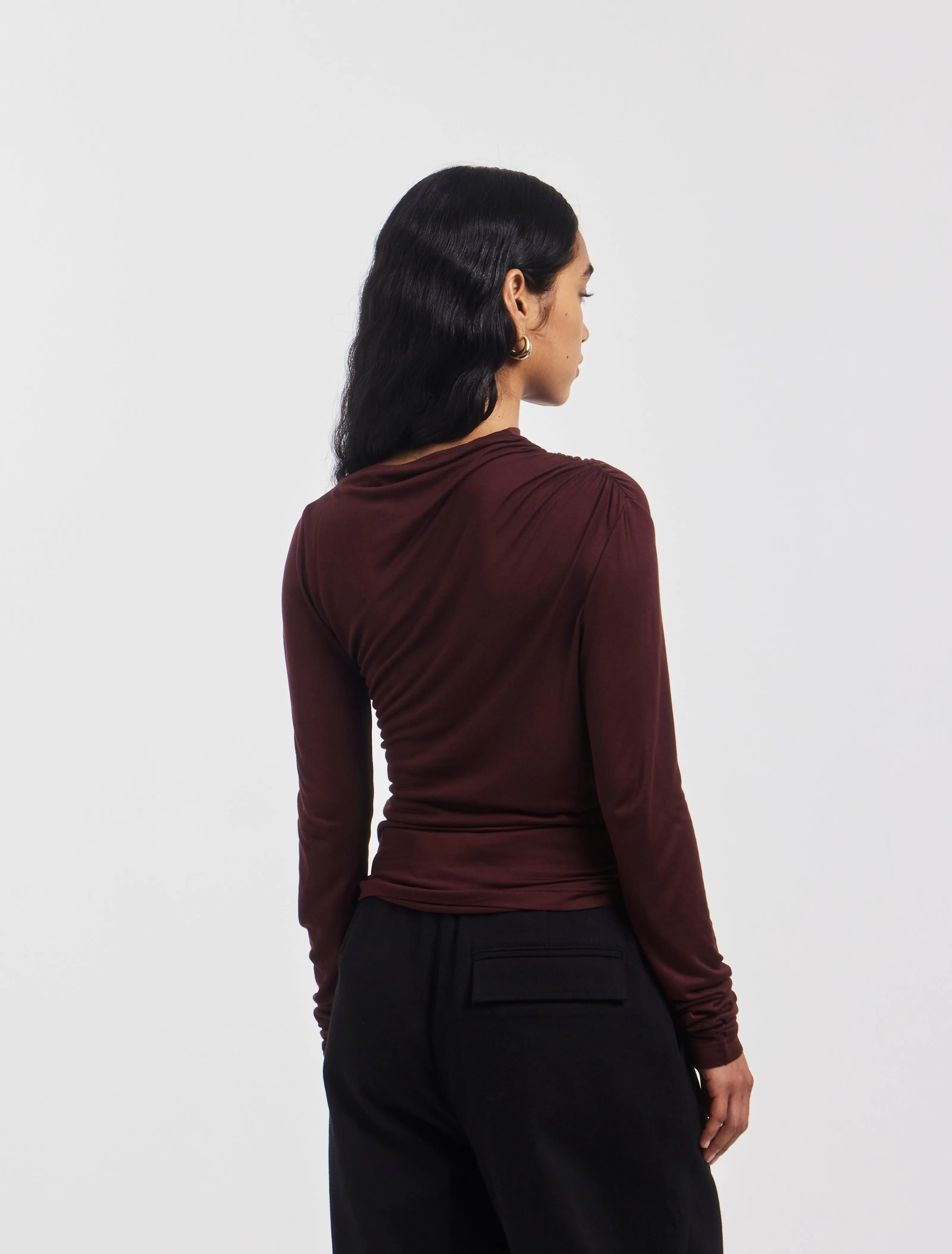 Iphis Draped Long Sleeve Top in Bordeaux sold by Ninety Percent product image thumbnail 4