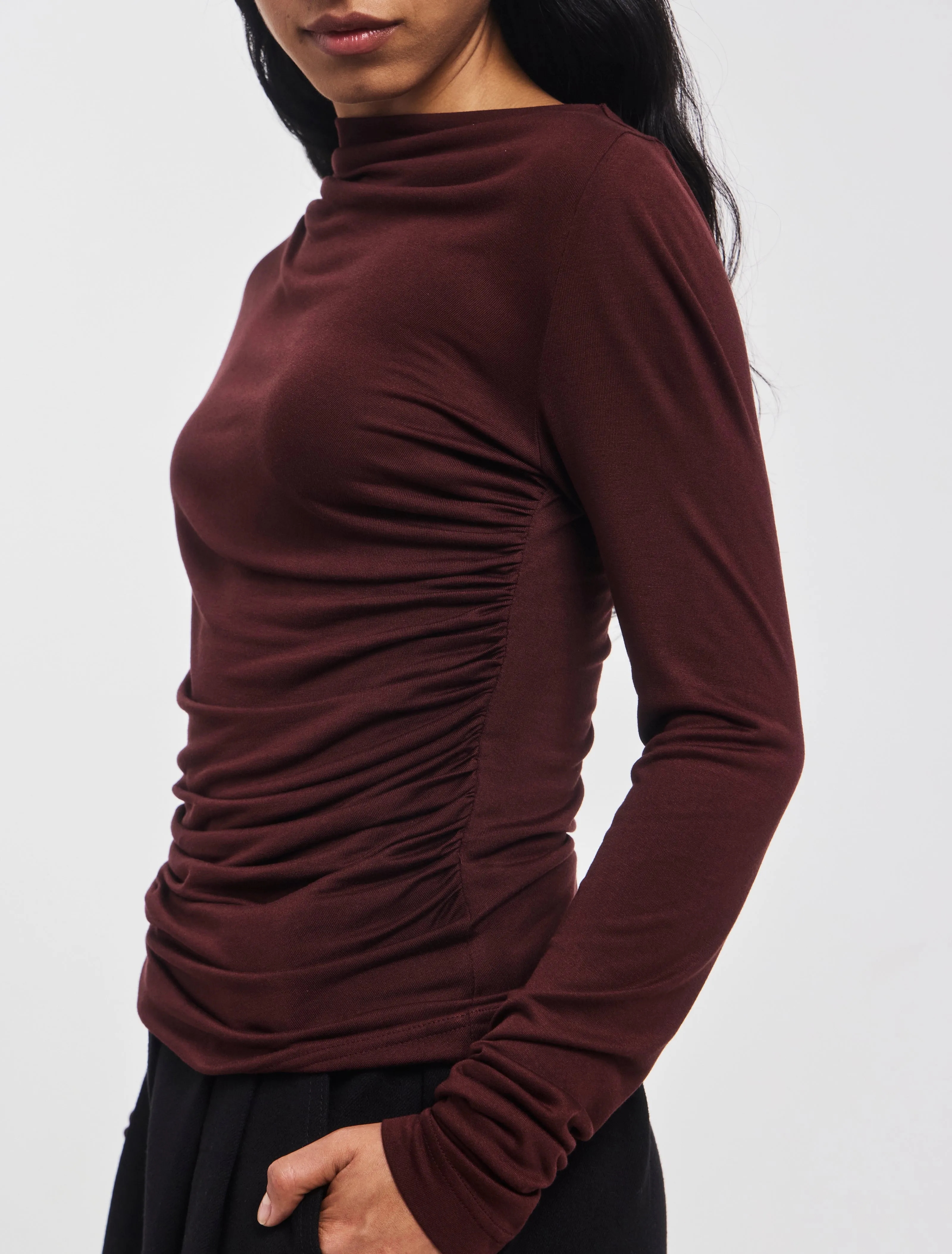 Iphis Draped Long Sleeve Top in Bordeaux sold by Ninety Percent product image thumbnail 3