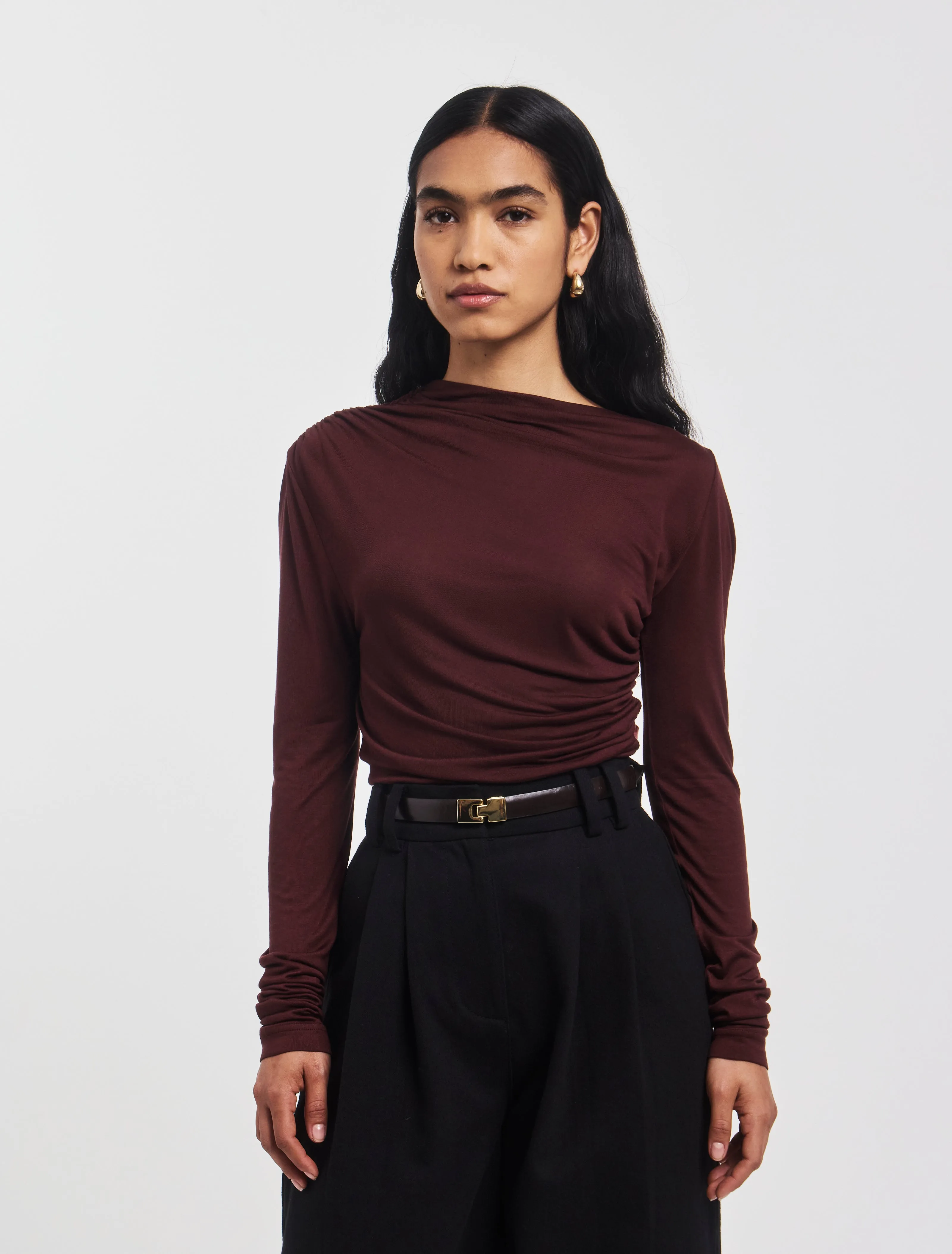 Iphis Draped Long Sleeve Top in Bordeaux sold by Ninety Percent