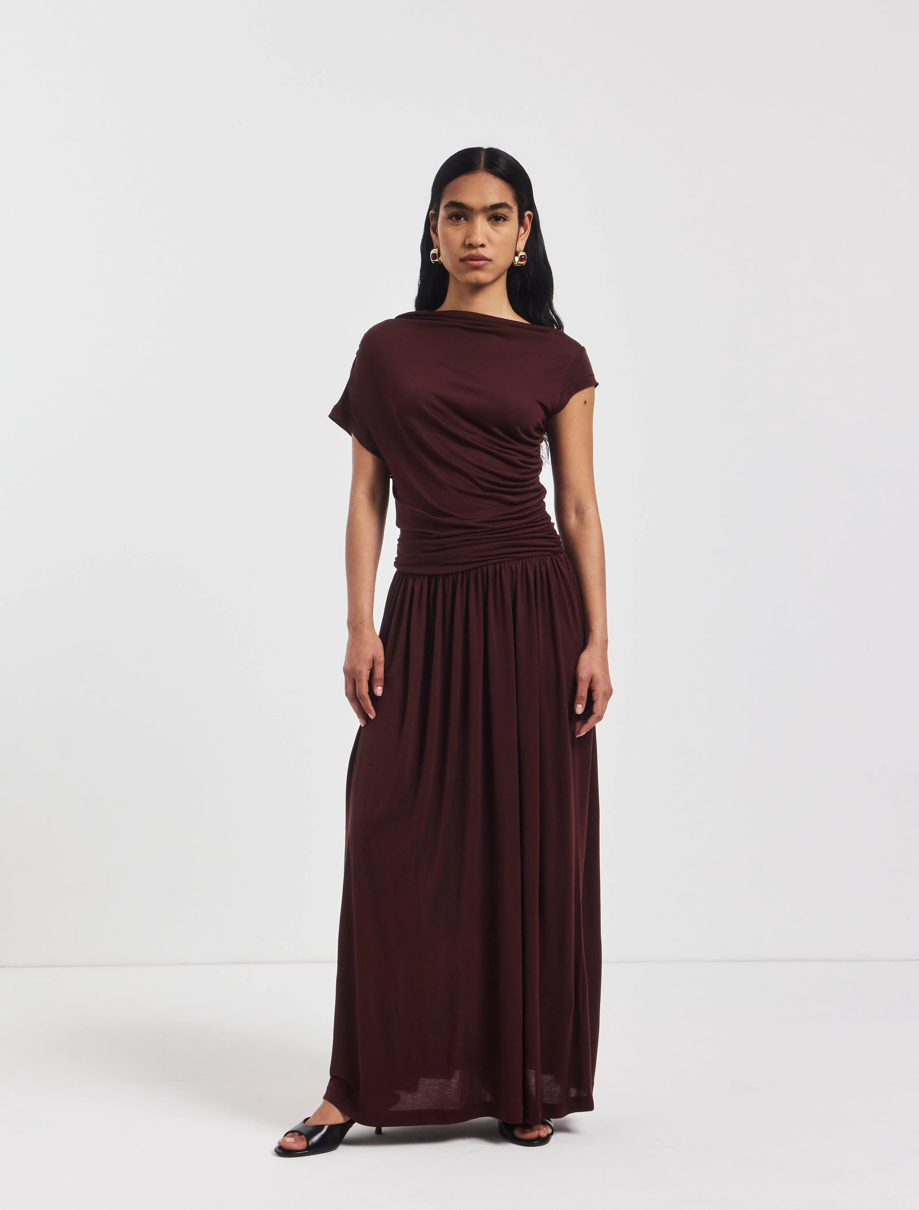 Priam Draped Dress in Bordeaux sold by Ninety Percent