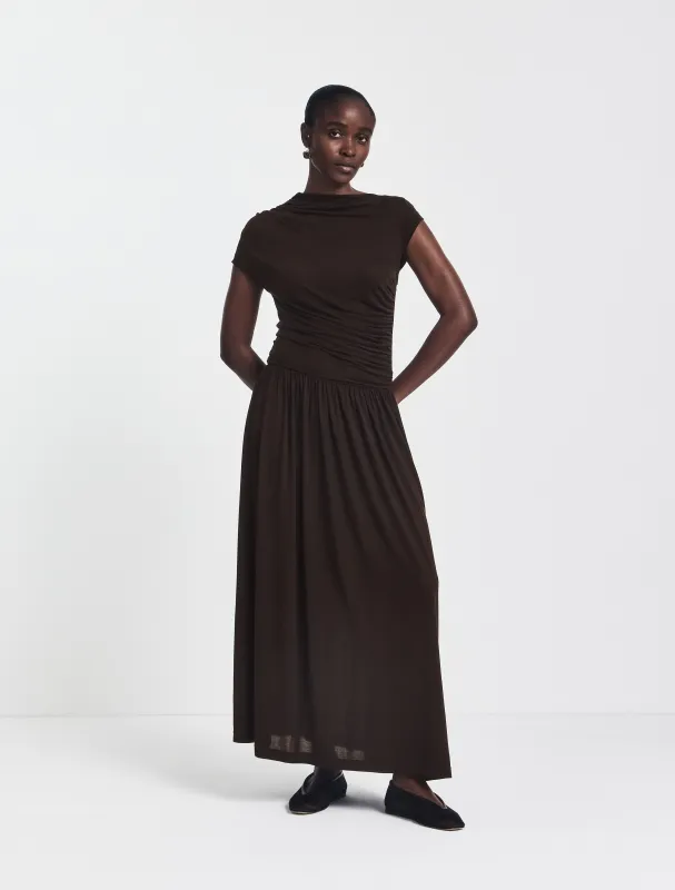 Priam Draped Dress in Bitter Chocolate sold by Ninety Percent