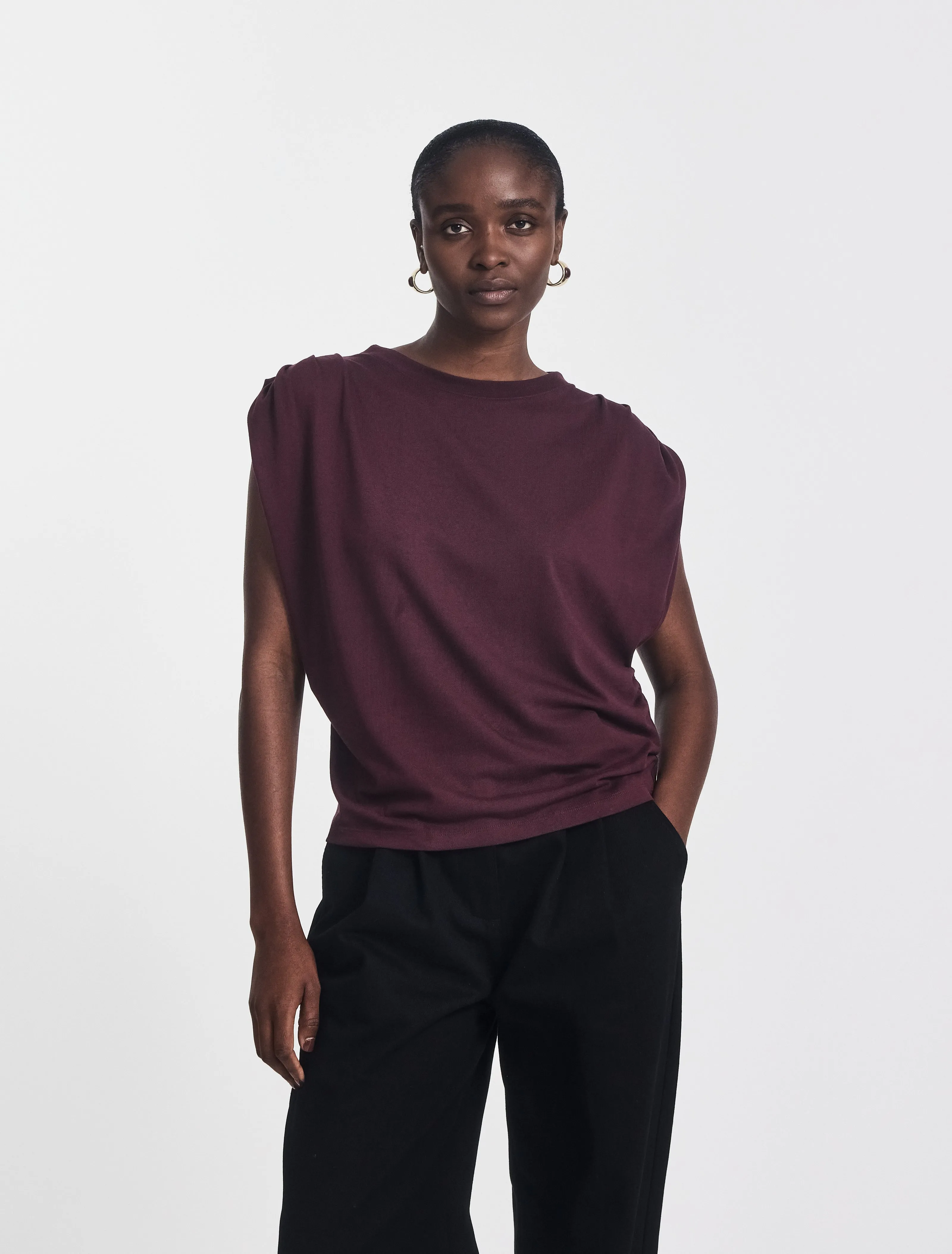 Kaia Pleated Tank Top in Merlot sold by Ninety Percent