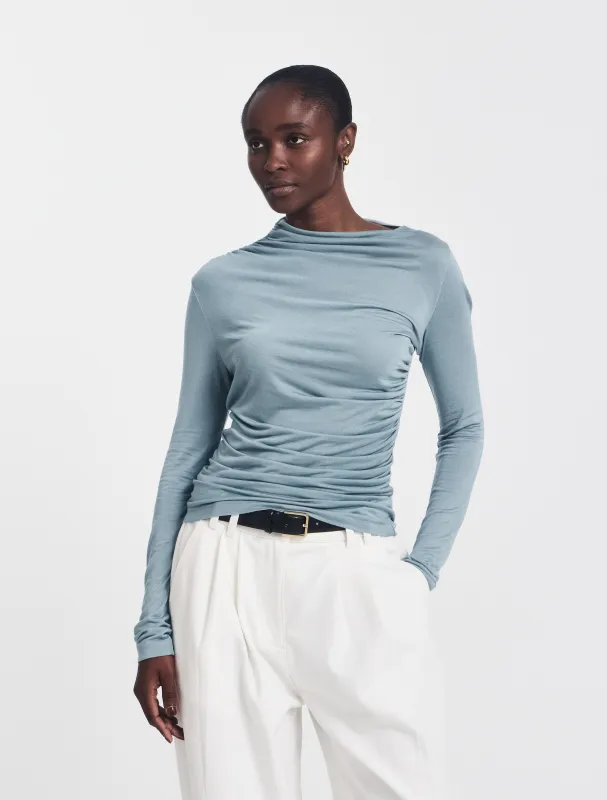 Iphis Draped Long Sleeve Top in Powder Blue sold by Ninety Percent