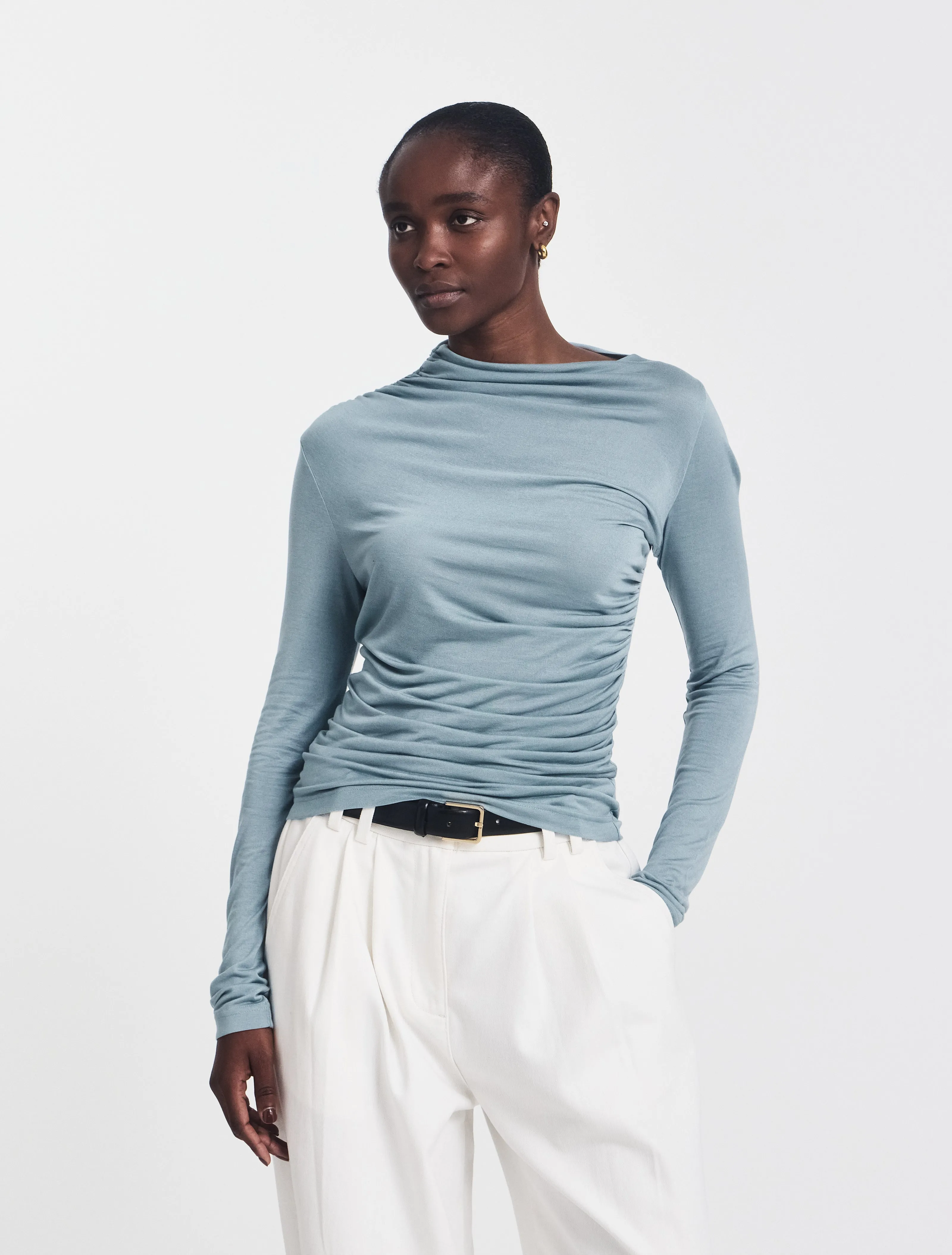 Iphis Draped Long Sleeve Top in Powder Blue sold by Ninety Percent