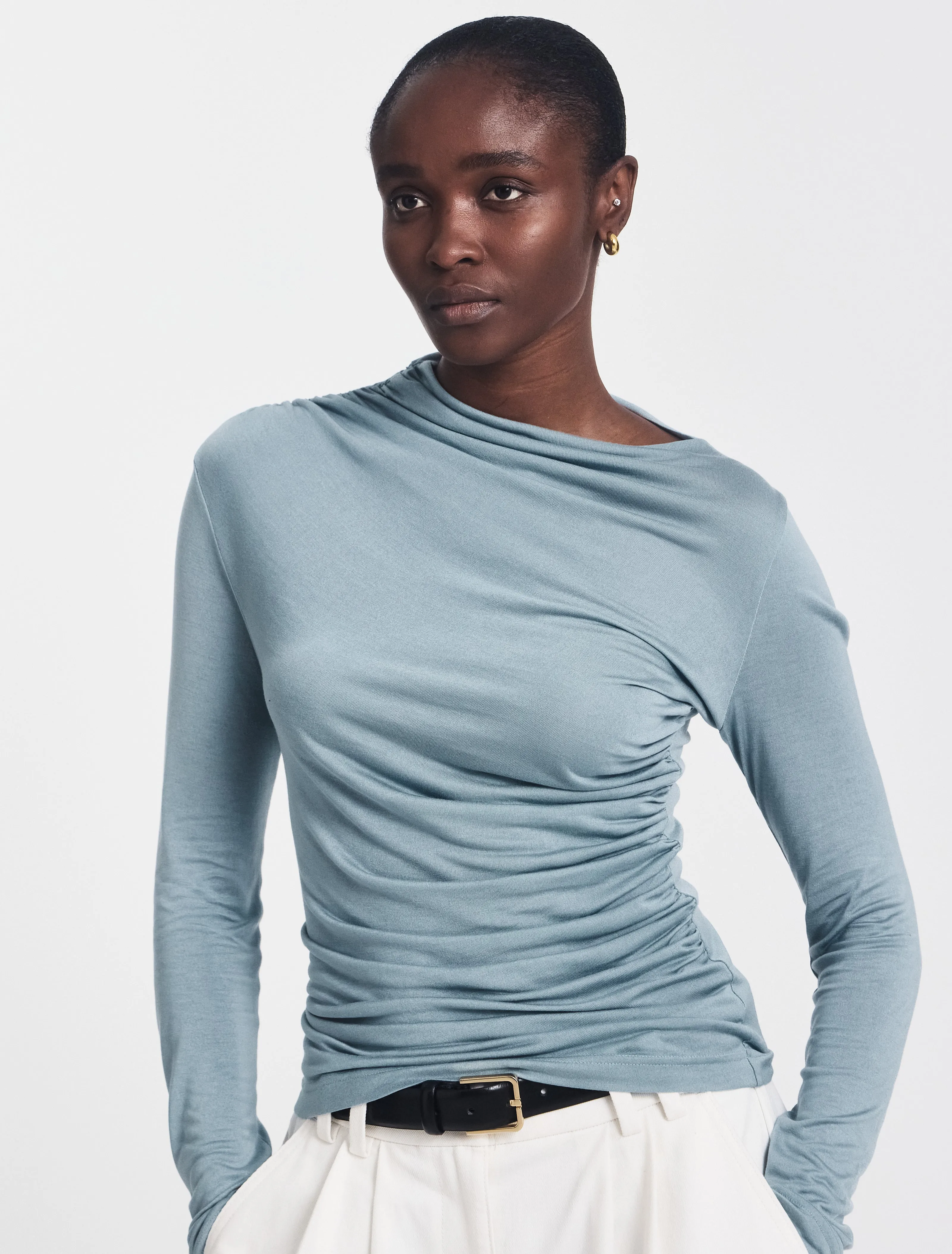 Iphis Draped Long Sleeve Top in Powder Blue sold by Ninety Percent product image thumbnail 2