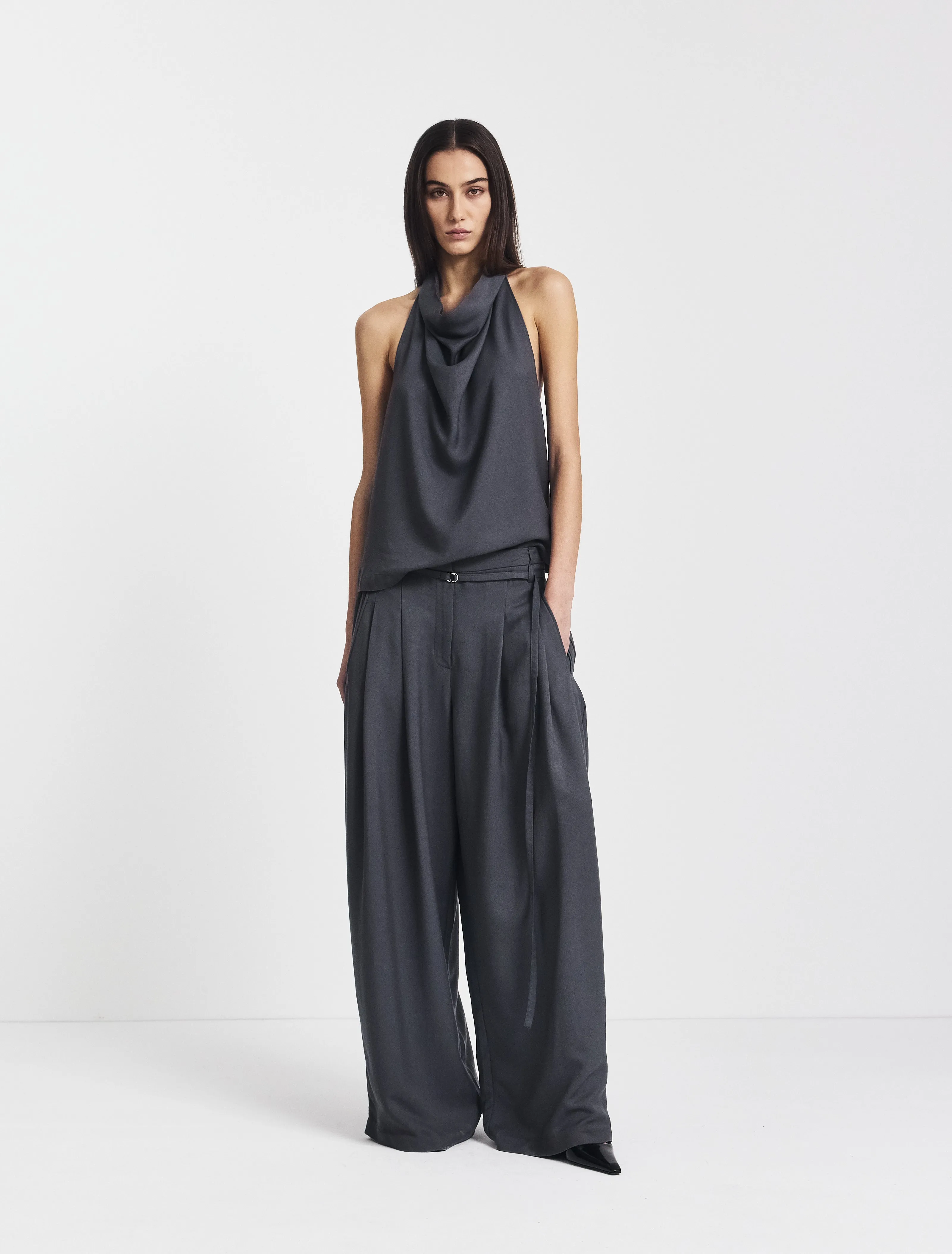 Evie Wide Leg Trouser in Magnet sold by Ninety Percent